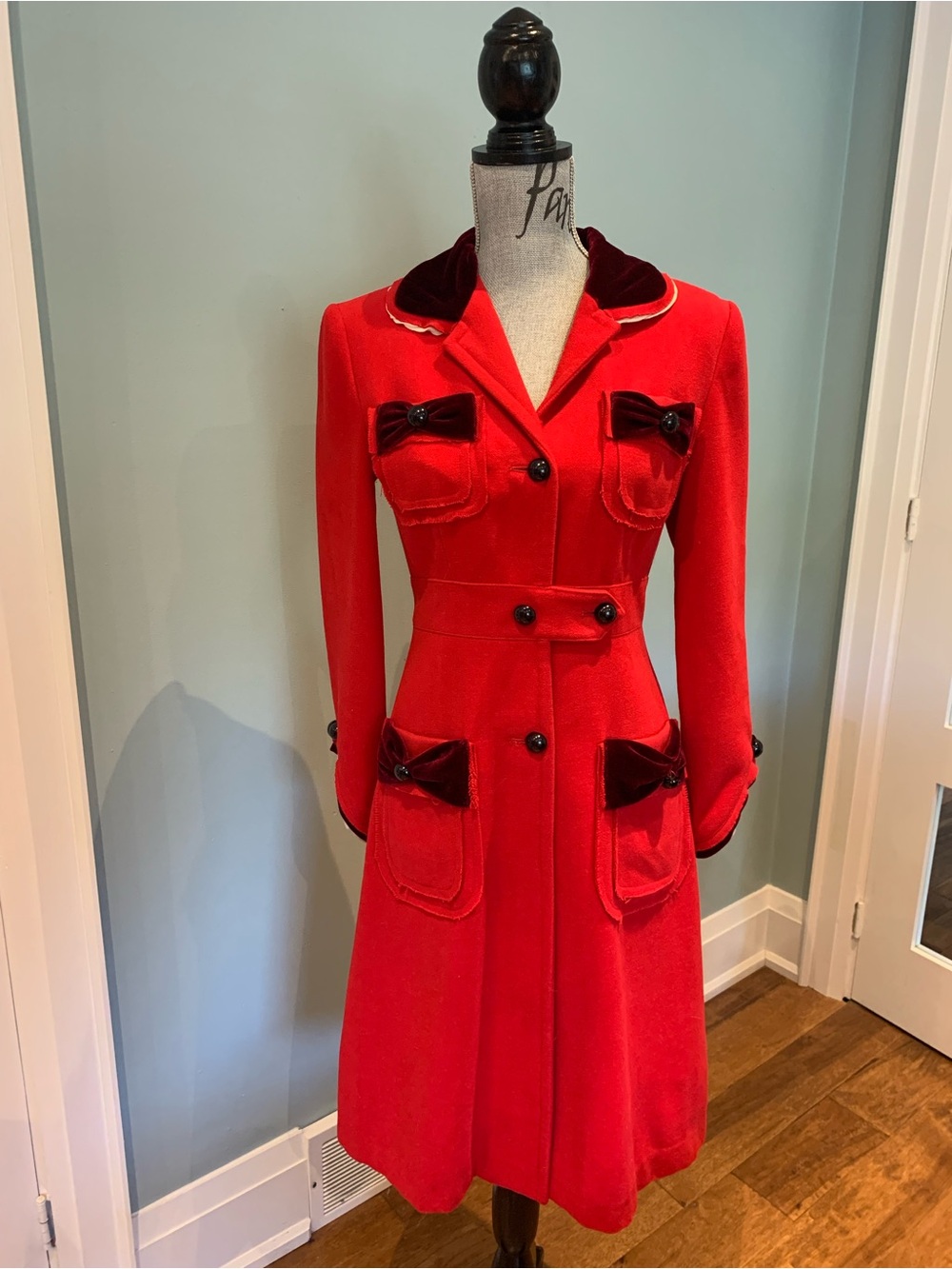 Marc Jacobs Red Wool Trench Coat with Velvet Trim